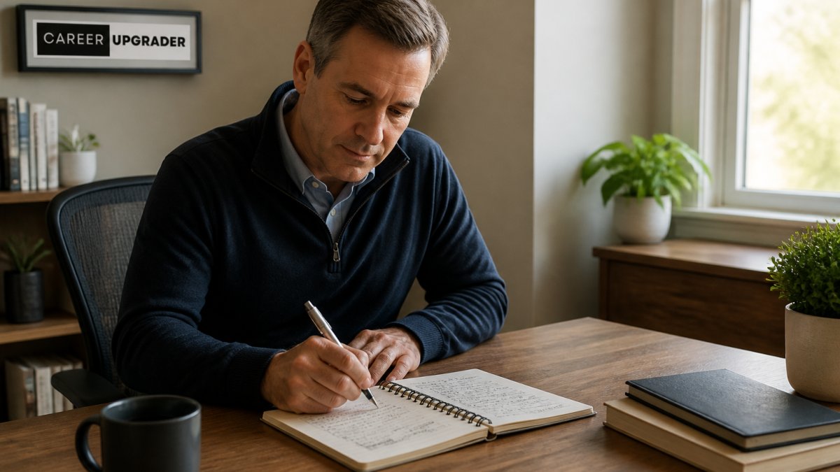 A senior executive writing notes in a notebook for a leadership narrative in a sunlit home office.
