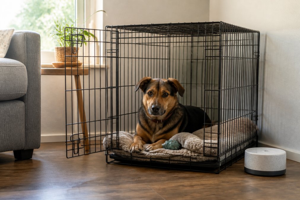 Calm dog resting in a cozy crate with a chew toy, a blanket, and a white noise machine for separation anxiety relief.