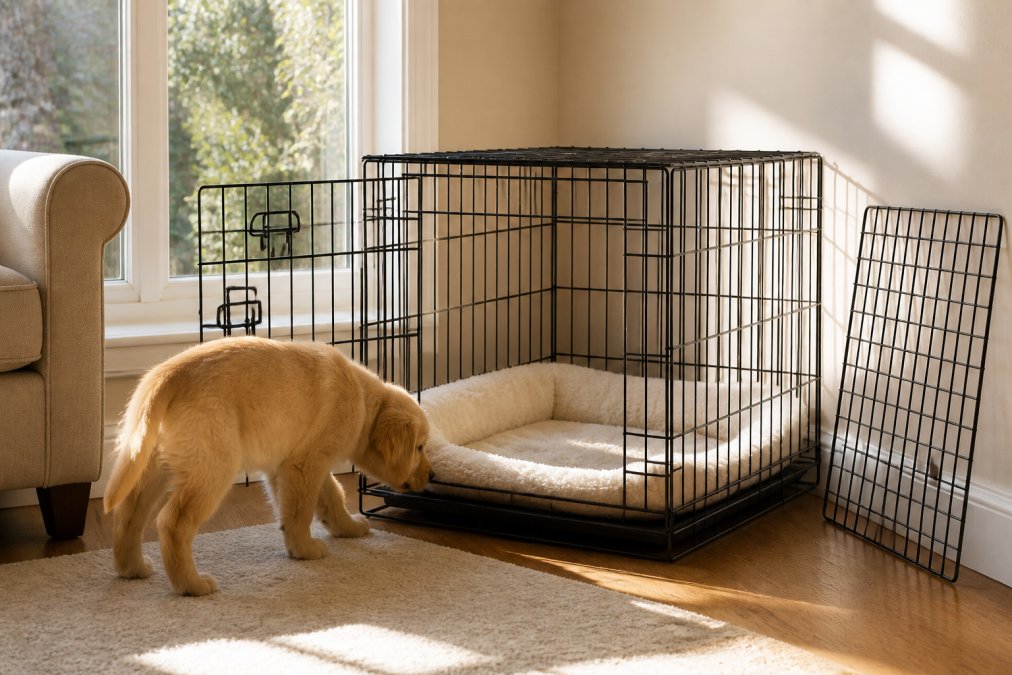 A wire crate set up in a sunny living room corner with a soft plush bed inside, a puppy sniffing at the open door, and a divider panel leaning nearby