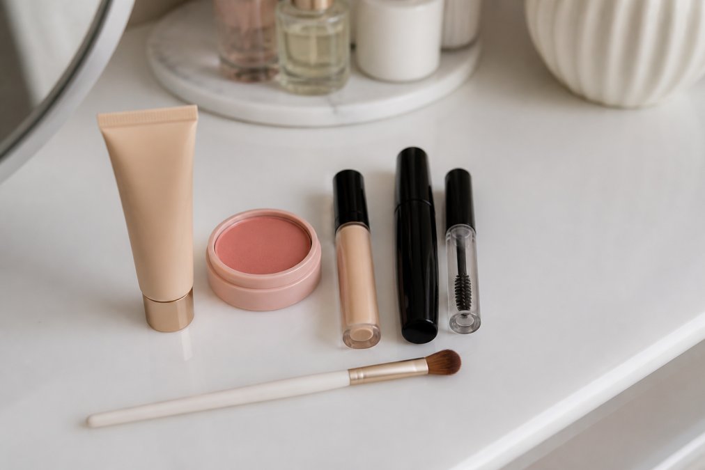 Flat lay of five minimalist makeup products on a clean white vanity surface: a tinted moisturizer, cream blush, concealer, mascara, and eyebrow gel, arranged neatly with a soft brush beside them