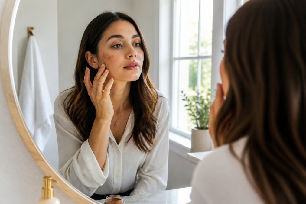 A woman applying cream bronzer with her fingers in a bright bathroom mirror, looking focused but relaxed, wearing a professional blouse, morning light coming through the window