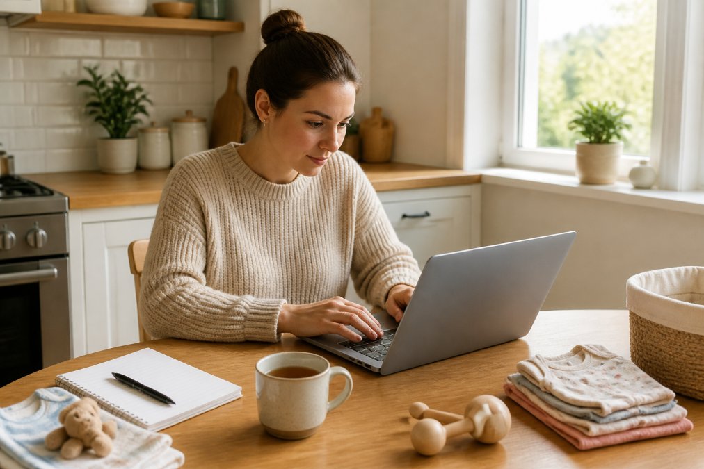 A parent sitting at a kitchen table with a laptop open, adding items to a baby registry, a notepad and pen beside a mug of tea, soft afternoon light through a window
