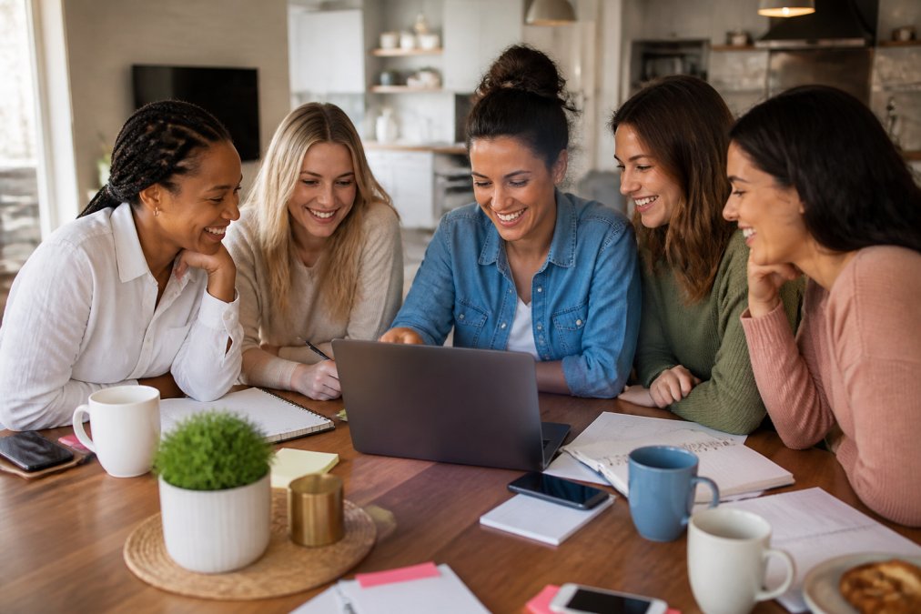 A group of diverse women in their 20s and 30s sitting around a table with a laptop, notebooks, and coffee, laughing and pointing at a shared calendar on the screen, planning a weekend trip together