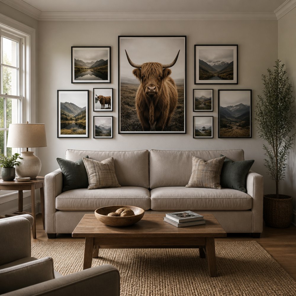 Professional living room displaying a symmetrical gallery arrangement of framed canvas prints in various sizes, including Highland cow artwork and landscape prints with proper spacing and alignment, natural afternoon light streaming through windows