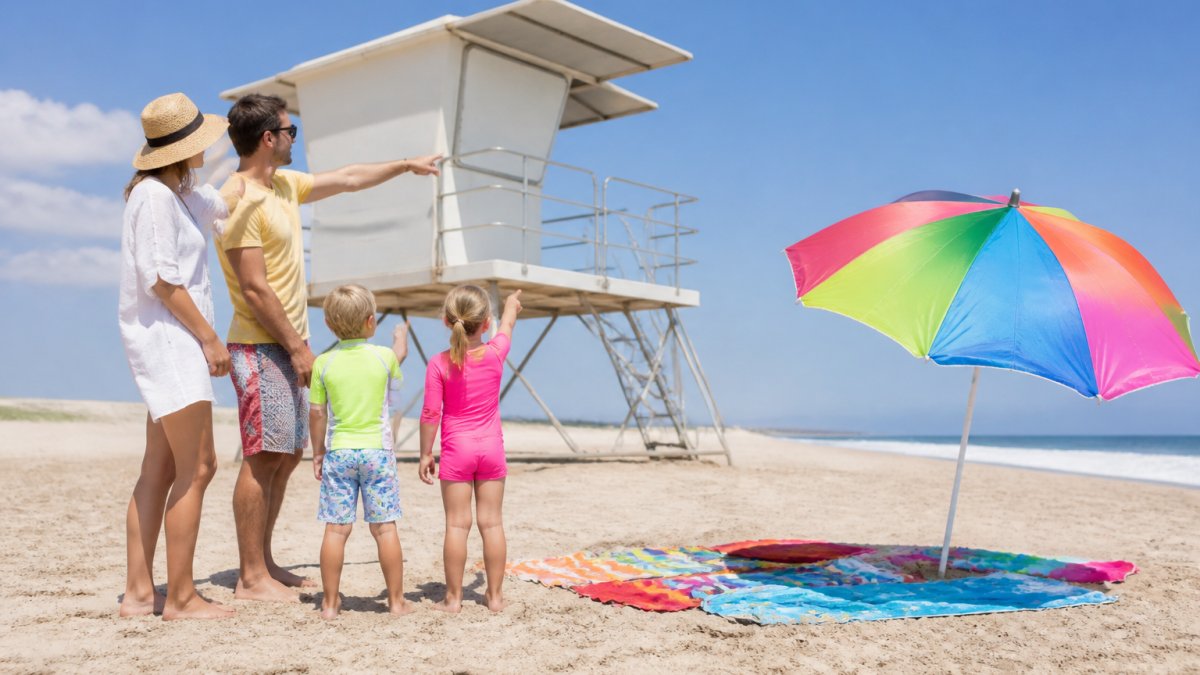 A family with young children standing near a lifeguard tower on a sunny beach, pointing at the tower and smiling, with colorful beach towels and a bright umbrella nearby