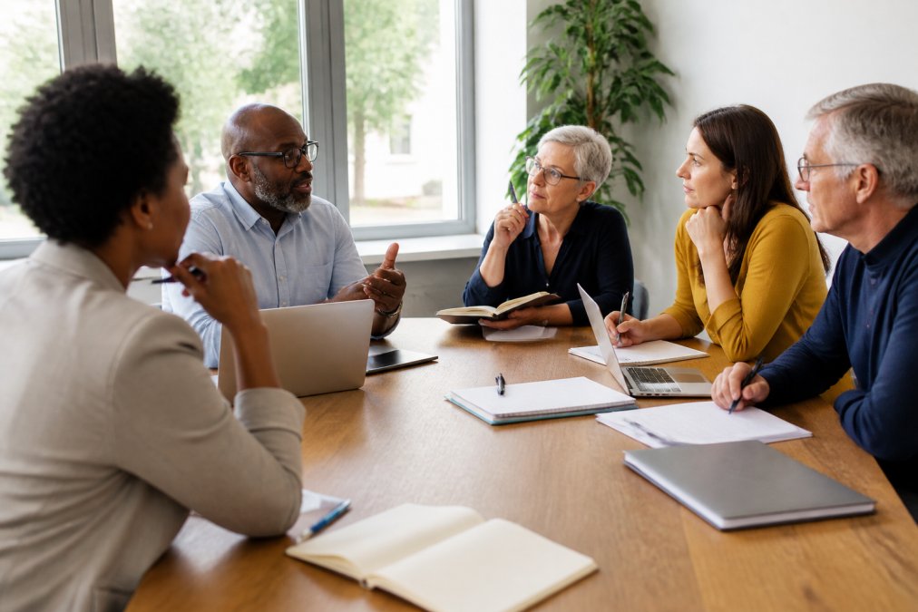 Nonprofit board members and staff gathered around a conference table discussing mission and values with notebooks and laptops visible, natural lighting from large windows