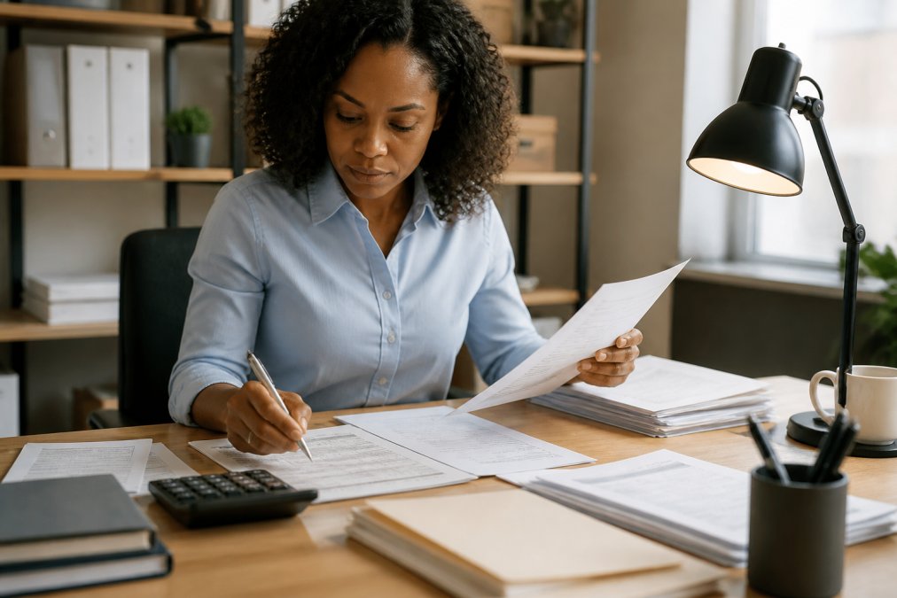 Nonprofit finance professional reviewing budget documents and financial reports at a desk with calculator and spreadsheets, natural lighting from desk lamp