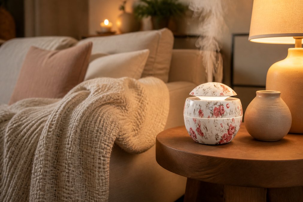 A softly lit living room with neutral linen tones, a waffle-weave throw draped over a couch, a small diffuser on a side table, and warm ambient light from a bedside lamp