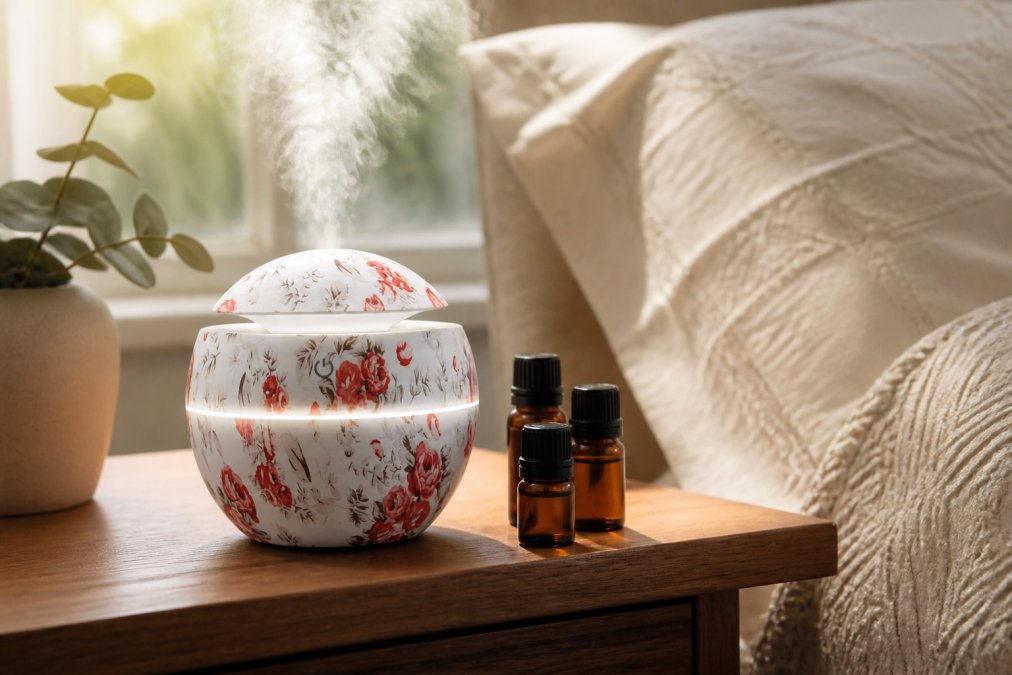 A close-up of a small wood-grain ultrasonic diffuser on a wooden nightstand beside a few small essential oil bottles, soft natural light coming through a nearby window