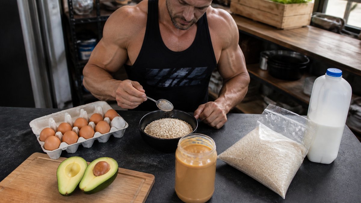 Kitchen counter displaying whole foods for a caloric surplus including oats, eggs, avocado, peanut butter, and milk.