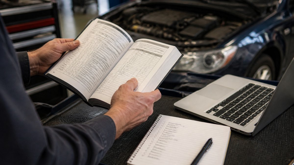 Hands consulting an owner's manual and a car maintenance schedule checklist in a garage