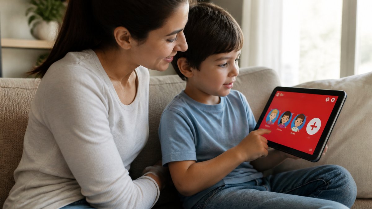 Parent and child sitting together on a couch, child holding a tablet displaying the YouTube Kids app interface with profile setup screen visible, warm living room lighting