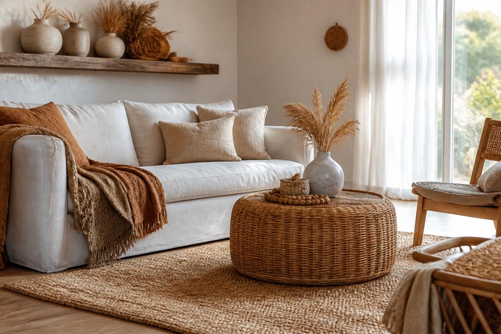 A bright, airy living room with a linen sofa, jute rug, rattan coffee table, and layered throw blankets in earthy tones; ceramic vases with dried grasses sit on a reclaimed wood shelf, with soft natural light streaming through sheer curtains