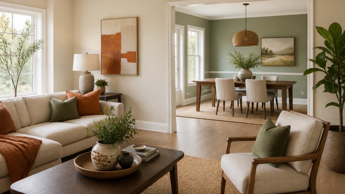 Well-lit living room with neutral beige walls, warm terracotta accent color in textiles and wall art, cool sage green in adjacent dining area, coordinated throughout both connected spaces