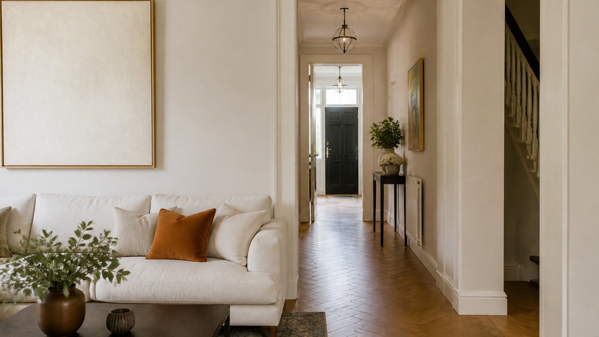 Dublin townhouse living room and hallway featuring neutral walls, timber floors and matching accent cushions.