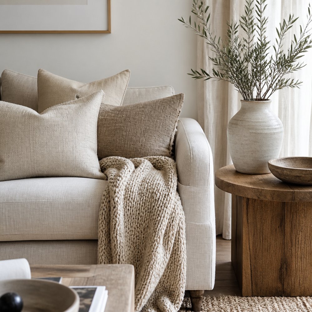 Diagram illustrating how to layer textures for a cohesive room aesthetic using linen, knit, and wood elements.