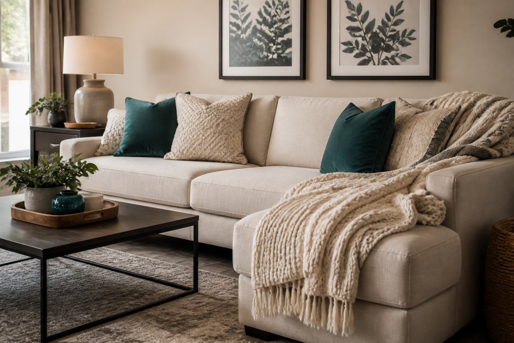 Modern living room with warm neutral walls, layered textures in cream and beige throw blankets draped over a sofa, a soft gray area rug, and accent colors in deep teal pillows and framed botanical artwork creating visual harmony
