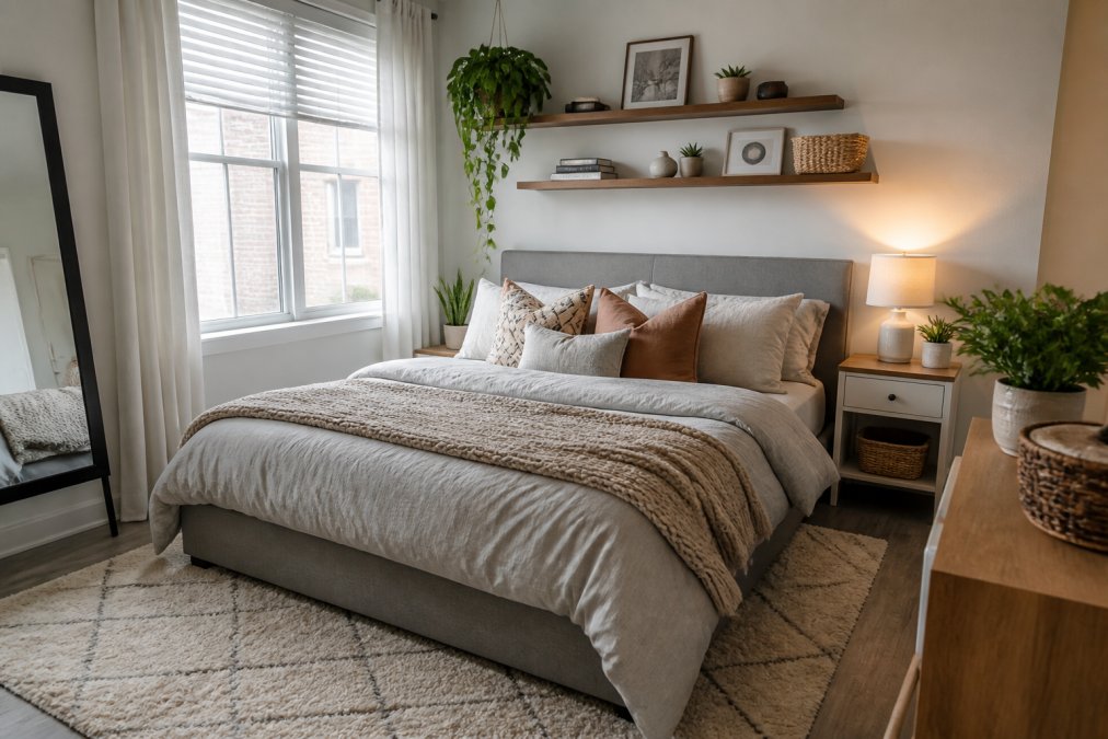 Cozy bedroom apartment with layered affordable textures, a soft gray bed with patterned throw pillows in coordinating colors, a plush area rug in neutral tone, and carefully arranged decor on floating shelves showing intentional styling without clutter, natural window lighting
