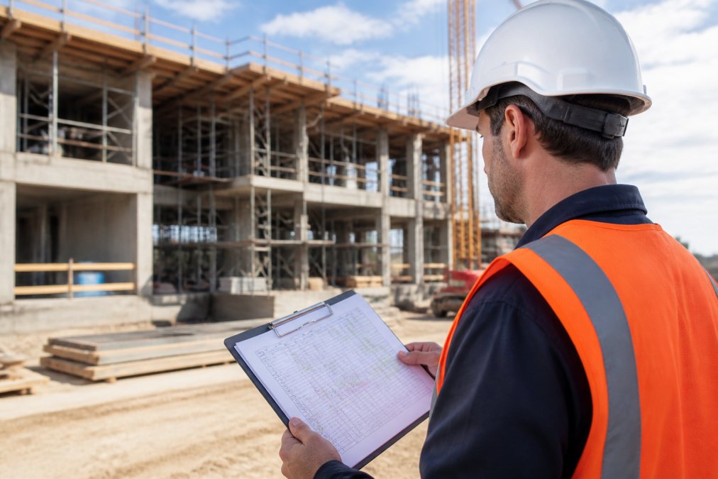 Construction manager reviewing a printed construction project schedule on a clipboard at a busy job site