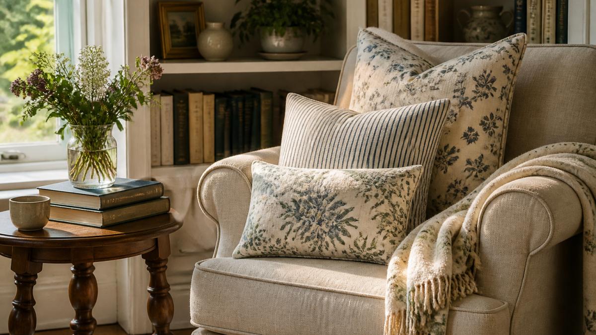 Infographic illustrating essential elements for a cozy reading nook including seating, storage, and textiles.