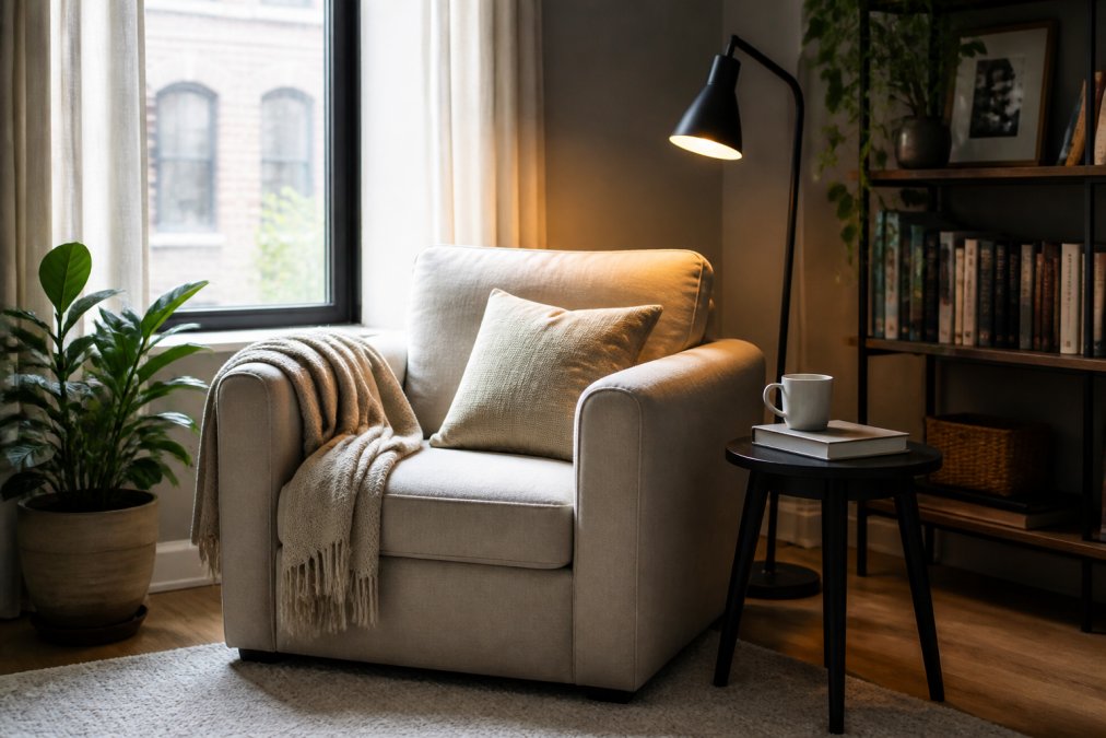 Infographic showing the ideal layout for a cozy reading nook with a chair, lamp, and side table by a window.