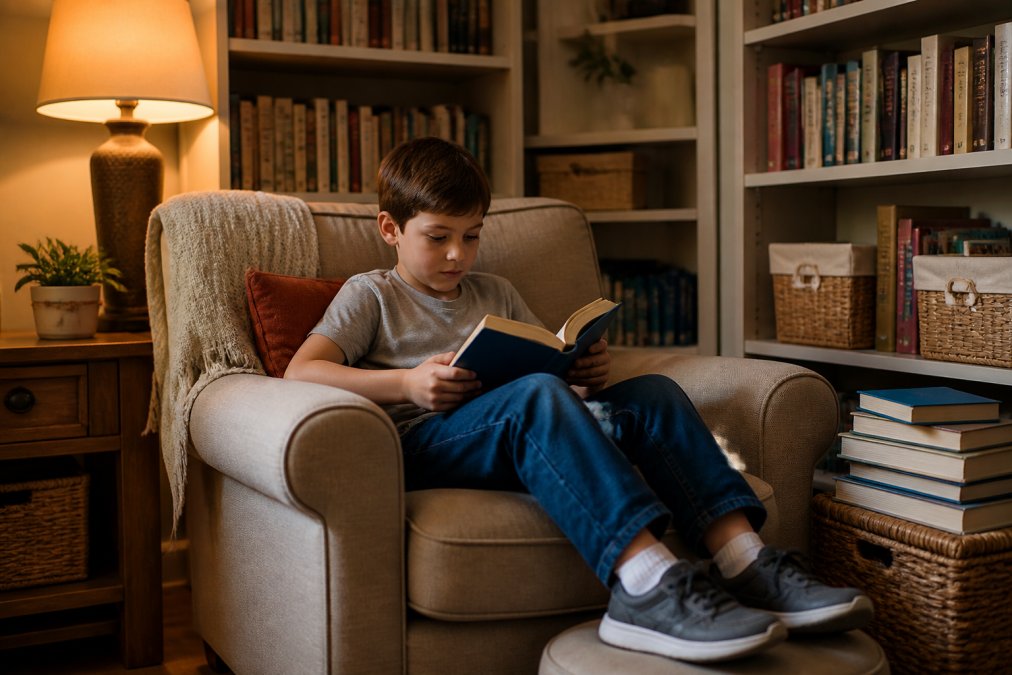 Child sitting in a cozy reading nook surrounded by bookshelves, soft lamp lighting casting warm glow, cushioned chair with throw pillows, organized books within arm's reach, peaceful home environment