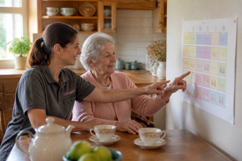 Infographic showing how to create a daily routine for dementia patients by structuring morning, afternoon, and evening.