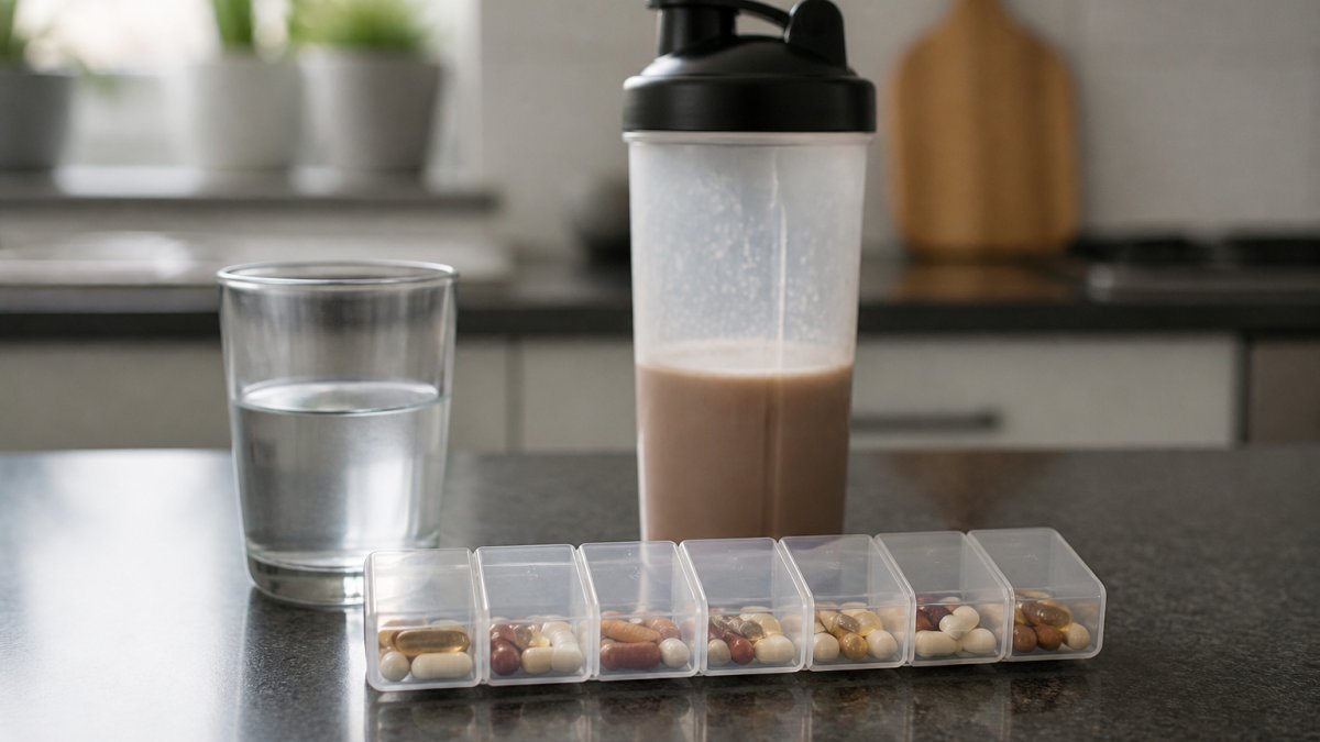 An athlete's kitchen counter with a weekly pill organiser, a glass of water, and a shaker bottle, showing a structured daily supplement routine ready for the week ahead