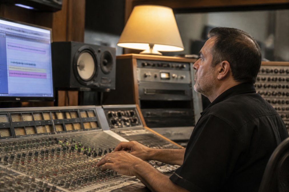 Professional audio engineer working at a mastering console with multiple monitors displaying waveforms and DDP authoring software, reviewing track markers and metadata during podcast DDP creation