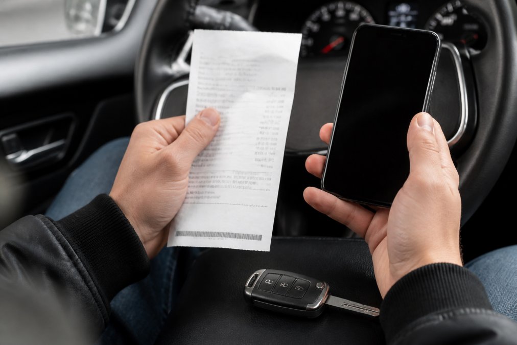 Close-up of hands holding a vehicle service receipt next to a smartphone displaying a maintenance tracking app, with a car key and odometer visible in the background