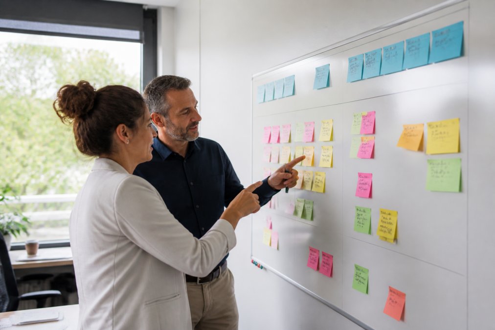 Consultant and owner reviewing a digital transformation roadmap timeline on a whiteboard with sticky notes