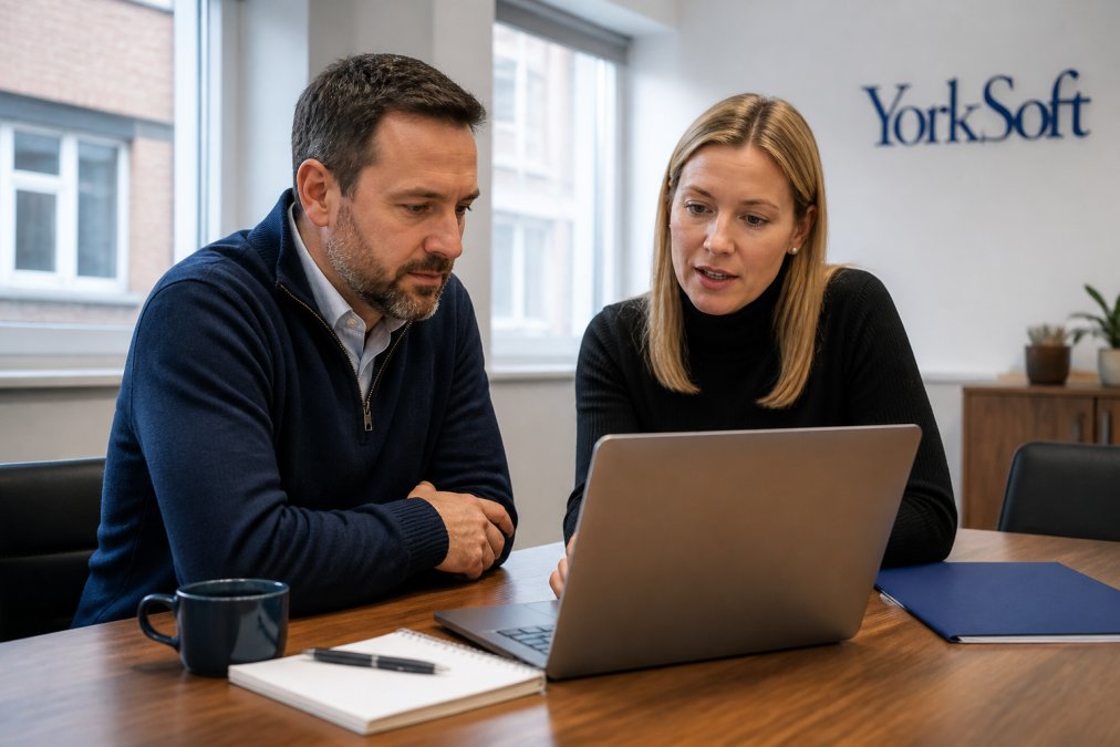 A small business owner and a consultant reviewing digital processes on a laptop in a bright, modern office in Northampton