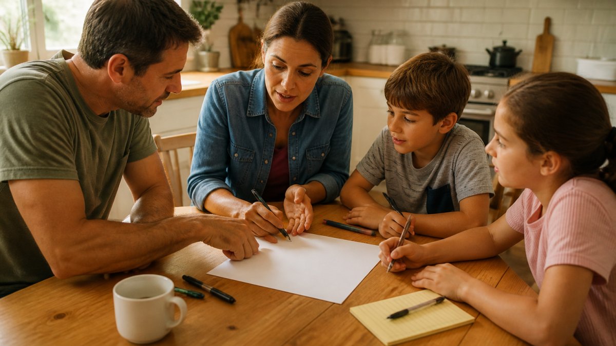 A family of four sitting around a kitchen table with a blank sheet of paper, pens, and an open laptop, talking and pointing at the paper in warm afternoon light