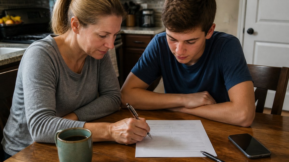 Infographic showing a parent and teen filling out a family communication plan emergency contact sheet.