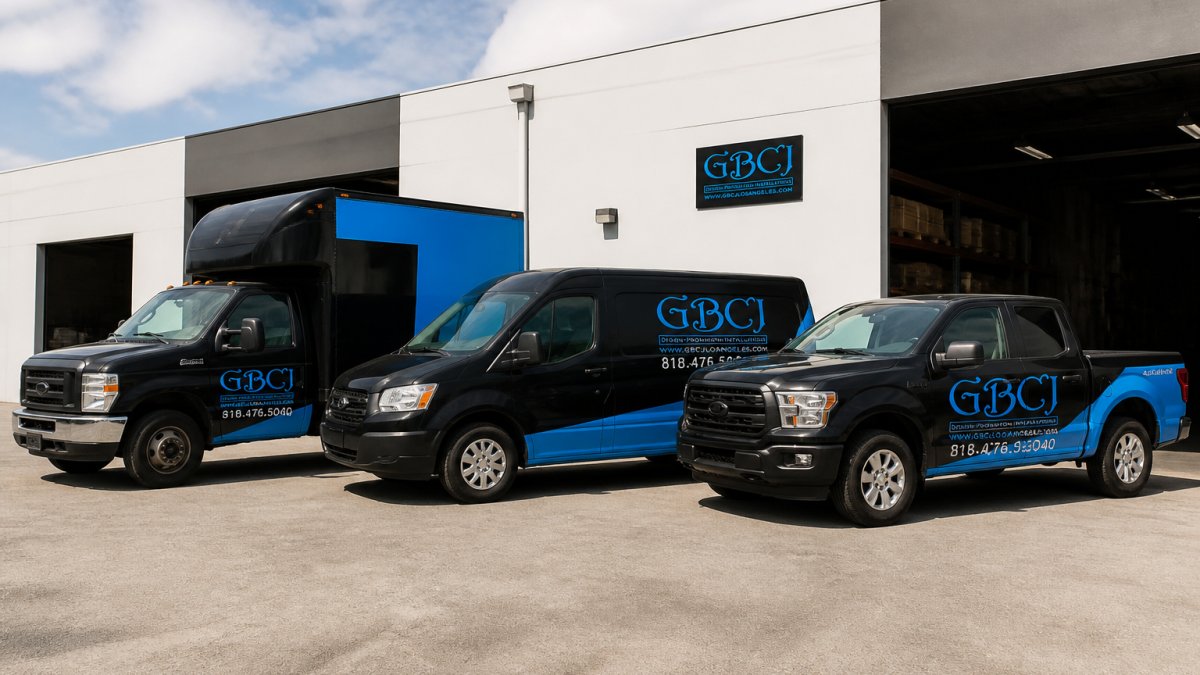 Three service vehicles parked side by side displaying consistent branded graphics with matching colors, logos, and contact information clearly visible on doors and side panels, professional fleet presentation in natural daylight