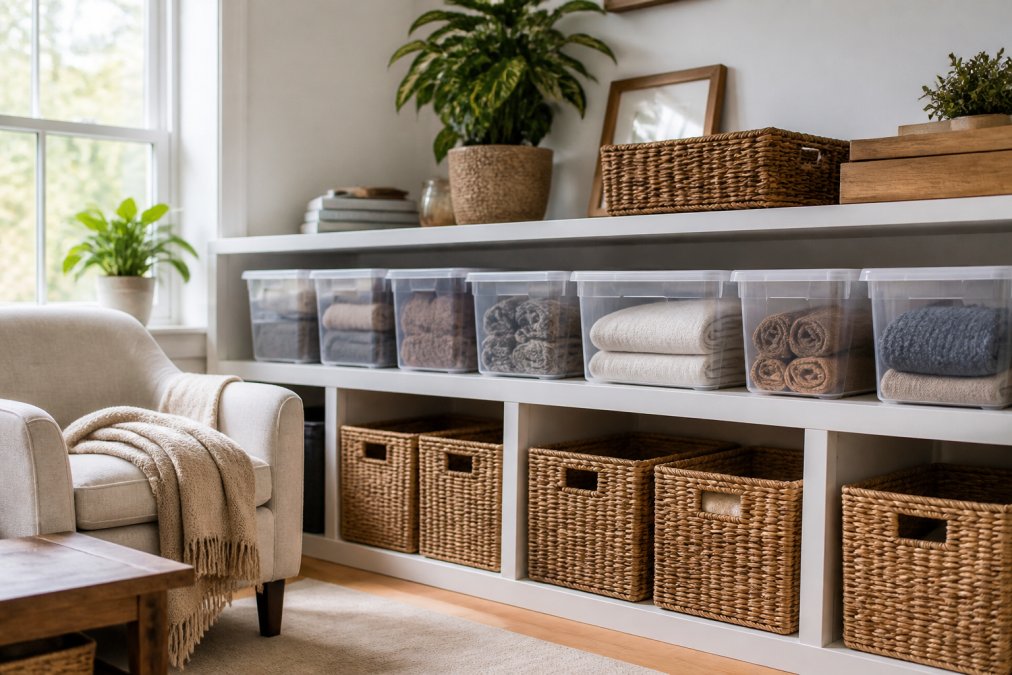 Bright living room with clear plastic bins and labeled woven baskets neatly arranged on white open shelving, warm natural light from a window, a folded throw blanket on a nearby armchair