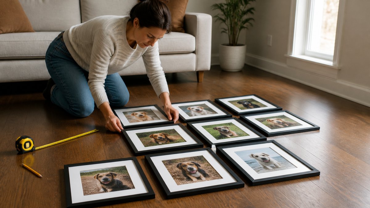 A person kneeling on a living room floor, arranging several framed dog photographs in a grid pattern on the hardwood, with a tape measure and pencil nearby