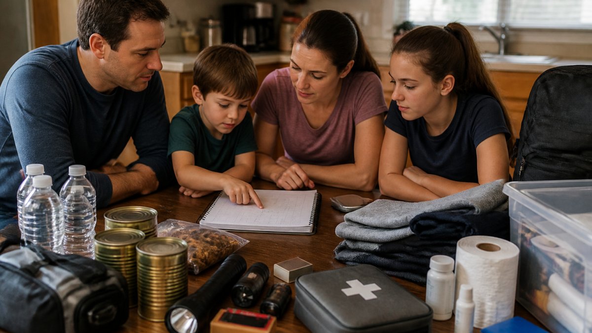 A family sitting around a kitchen table with a notebook, reviewing a handwritten emergency plan together, with a child pointing at the page