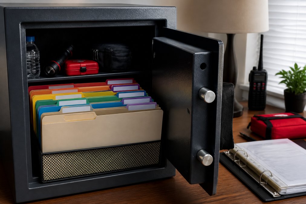 Close-up of a fireproof safe with organized document folders and labeled dividers on a home office desk, showing color-coded tabs and a three-ring binder with emergency supplies nearby