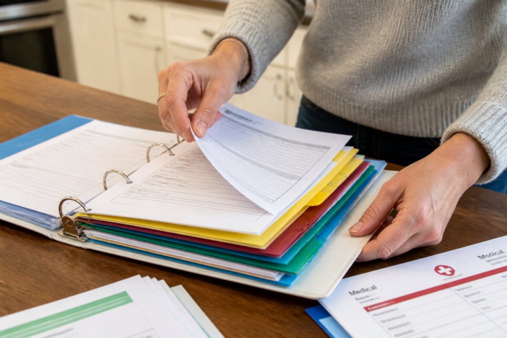 Hands arranging color-coded document dividers and labeled tabs in a three-ring binder on a kitchen table, with organized medical and financial documents visible