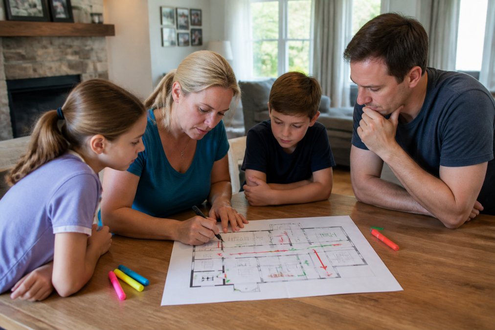 Family members gathered around a dining table reviewing a hand-drawn floor plan with colored markers and highlighters, marking primary and secondary exit routes in bright natural daylight