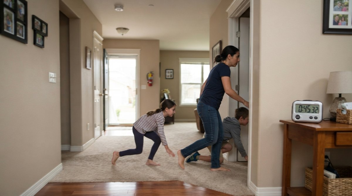 Parent and two children practicing evacuation through a home hallway, moving quickly and staying low to the ground, with a visible stopwatch on a nearby table and smoke alarm on the ceiling