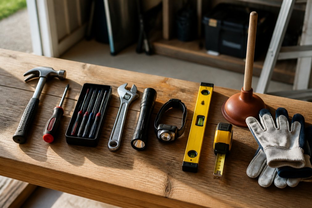 Essential tools for a home maintenance checklist arranged on a wooden workbench including a hammer and screwdriver set.