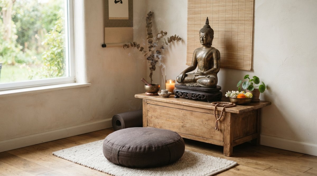 A serene meditation corner in a home with soft natural light streaming through sheer curtains, a comfortable cushion on a natural fiber mat, a Buddha statue on a low shelf, potted plants with trailing vines, and minimal decor creating a calm sanctuary
