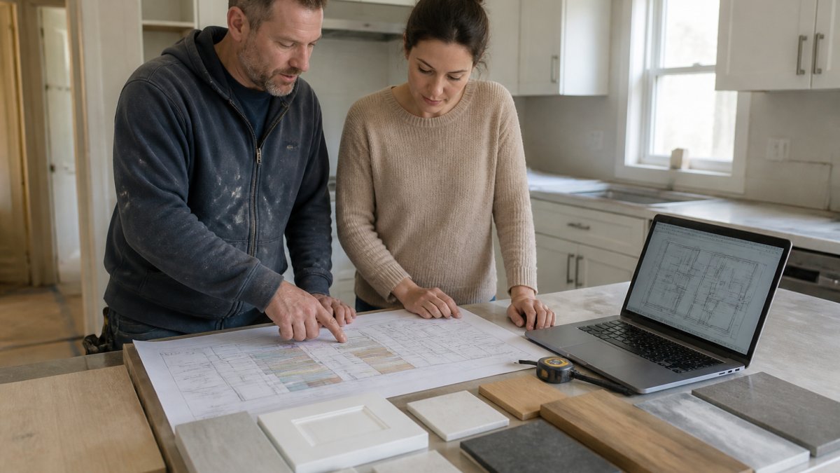 A contractor and homeowner reviewing a printed renovation schedule on a kitchen island, with a laptop showing a project timeline and blueprints nearby