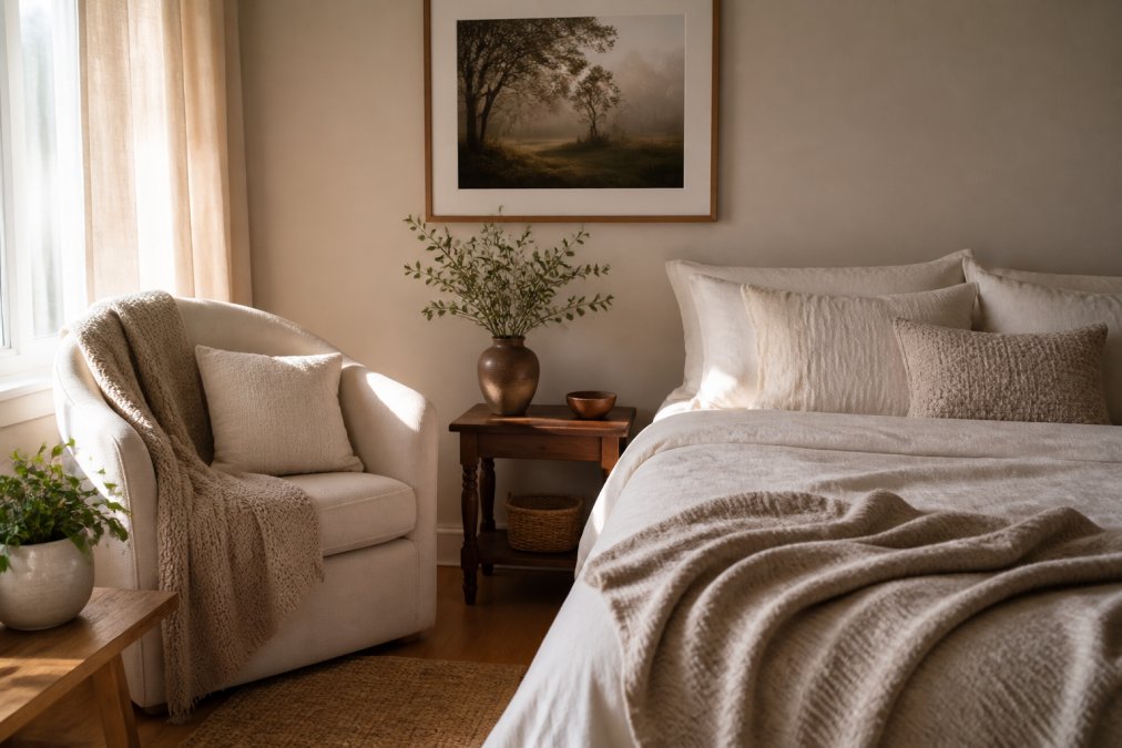 A serene bedroom corner with soft neutral textiles, a cozy armchair, and a framed nature photograph on the wall, bathed in warm ambient light