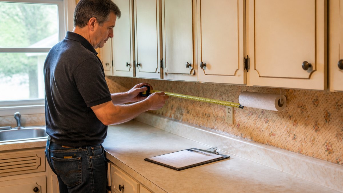 Homeowner measuring kitchen cabinets and countertops with a tape measure, taking detailed notes on a clipboard in a dated 1970s kitchen with original cabinetry