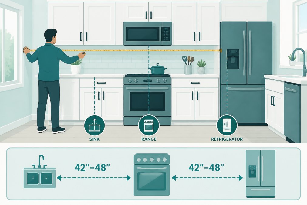 Person holding tape measure against kitchen wall, measuring distance between appliances in modern residential kitchen with natural light, showing practical measurement technique