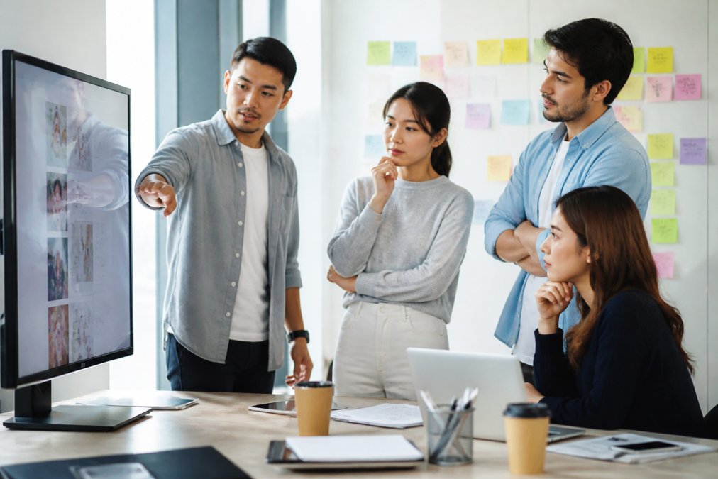 A marketing team in a bright modern office reviewing customer profile data on a large monitor, with sticky notes on the wall behind them
