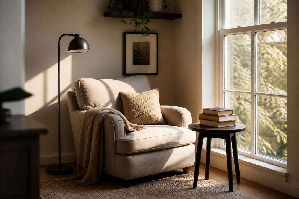 Diagram illustrating the steps to plan a cozy reading nook with a plush armchair and warm lighting